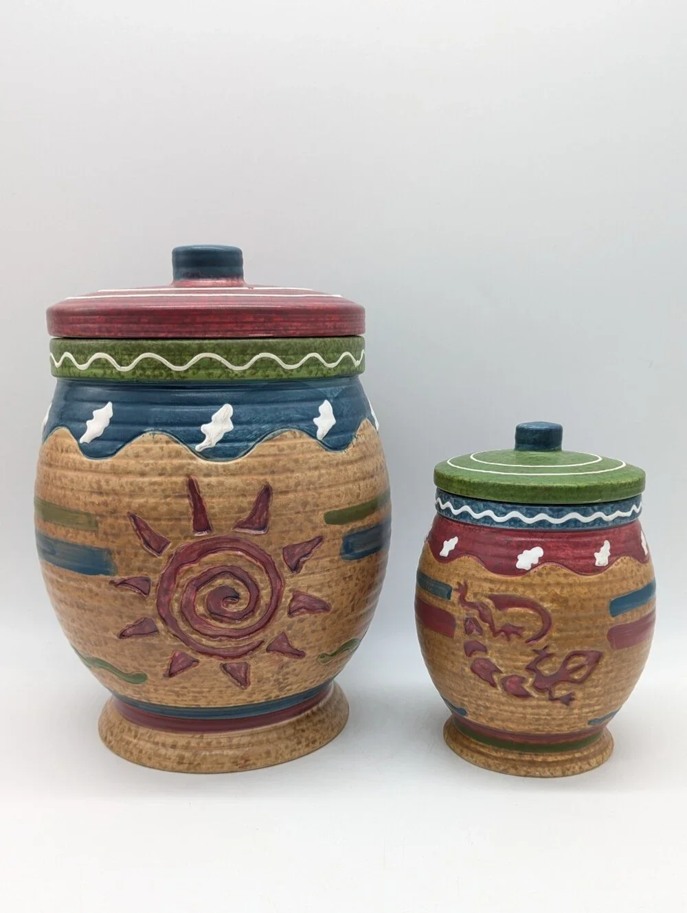 Vintage WMG Brown Red Southwestern Aztec Sun & Lizard Canister Set Of 2